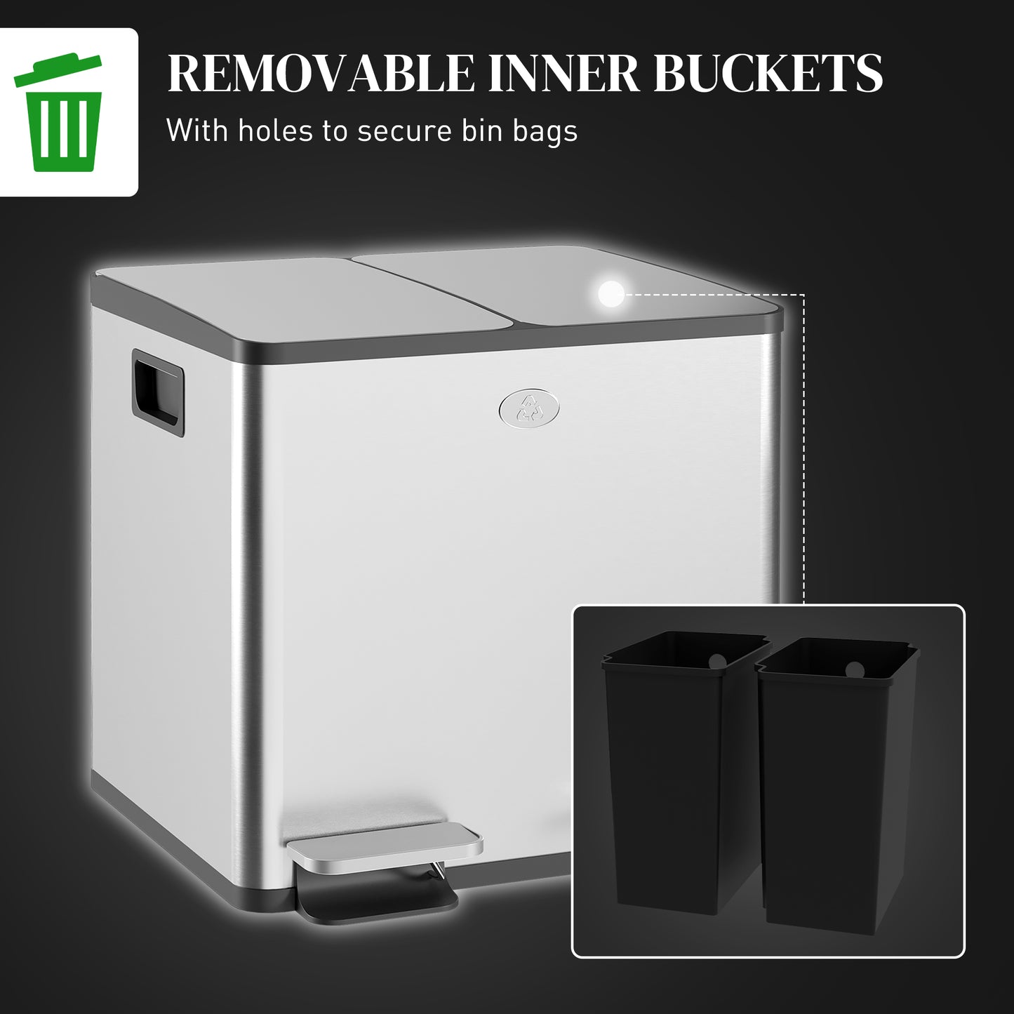 HOMCOM 30L Dual Compartment Stainless Steel Bin With Deodoriser Holders Silver Tone