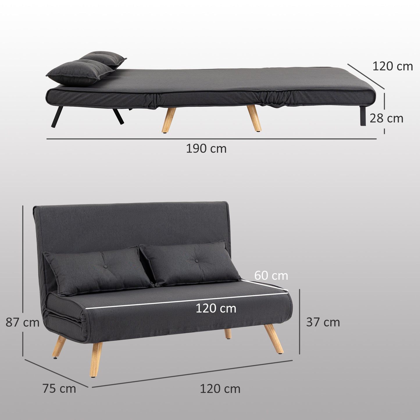 Homcom Two-Seater Linen-Look Sofa Bed Charcoal Grey With Click-Clack Mechanism For Day To Night Comfort