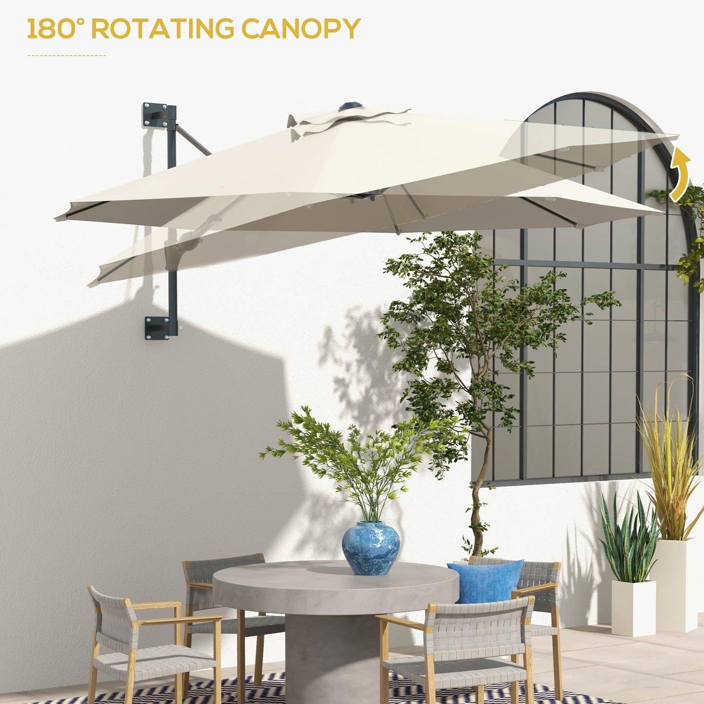 Outsunny Wall Mounted Umbrella with Vent, Garden Patio Parasol Umbrella Sun Shade Canopy, Beige - ALL4U RETAILER LTD