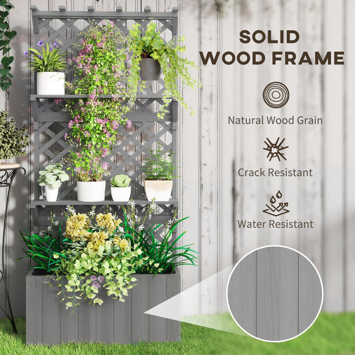Outsunny 52L Fir Wood Planter With Trellis And Shelves Grey For Outdoor Use All Year