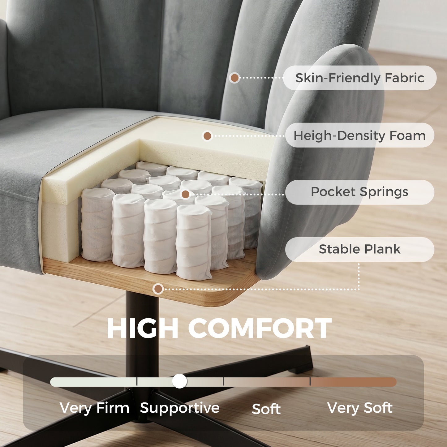 HOMCOM Swivel Accent Chair Shell Shaped Armchair With Spring Cushion 360 Degree Swivel Metal Base Grey