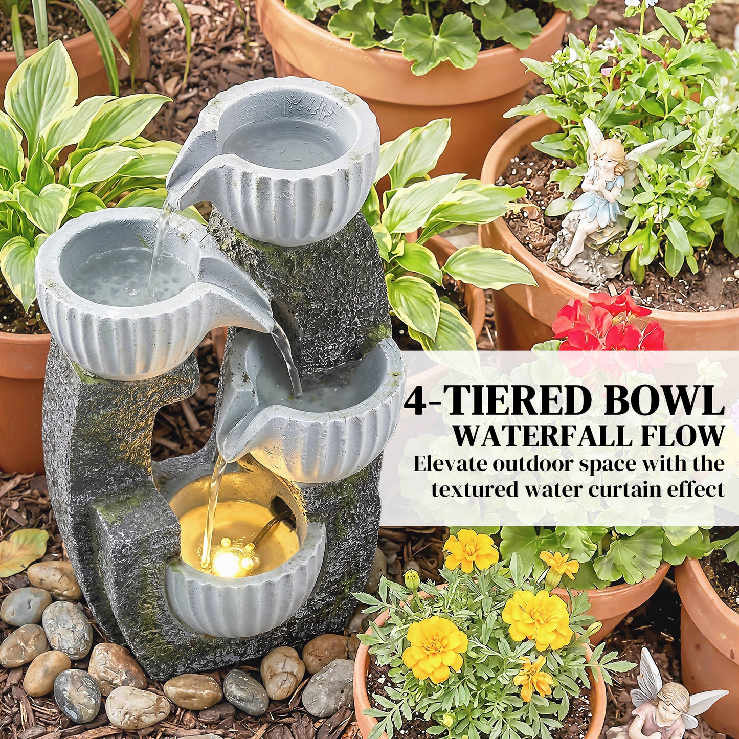 Outsunny 4 Tier Bowl Water Feature Indoor Outdoor Garden Fountain with Pump LED Lights Resin Cascading Waterfall