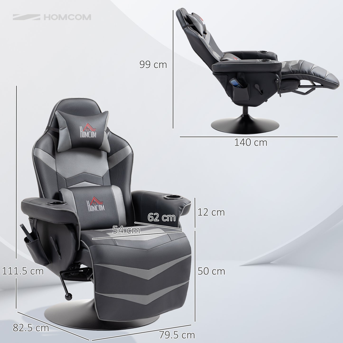 HOMCOM Small Leather Massage Recliner Chair With Ergonomic High Back Headrest And Retractable Footrest Grey
