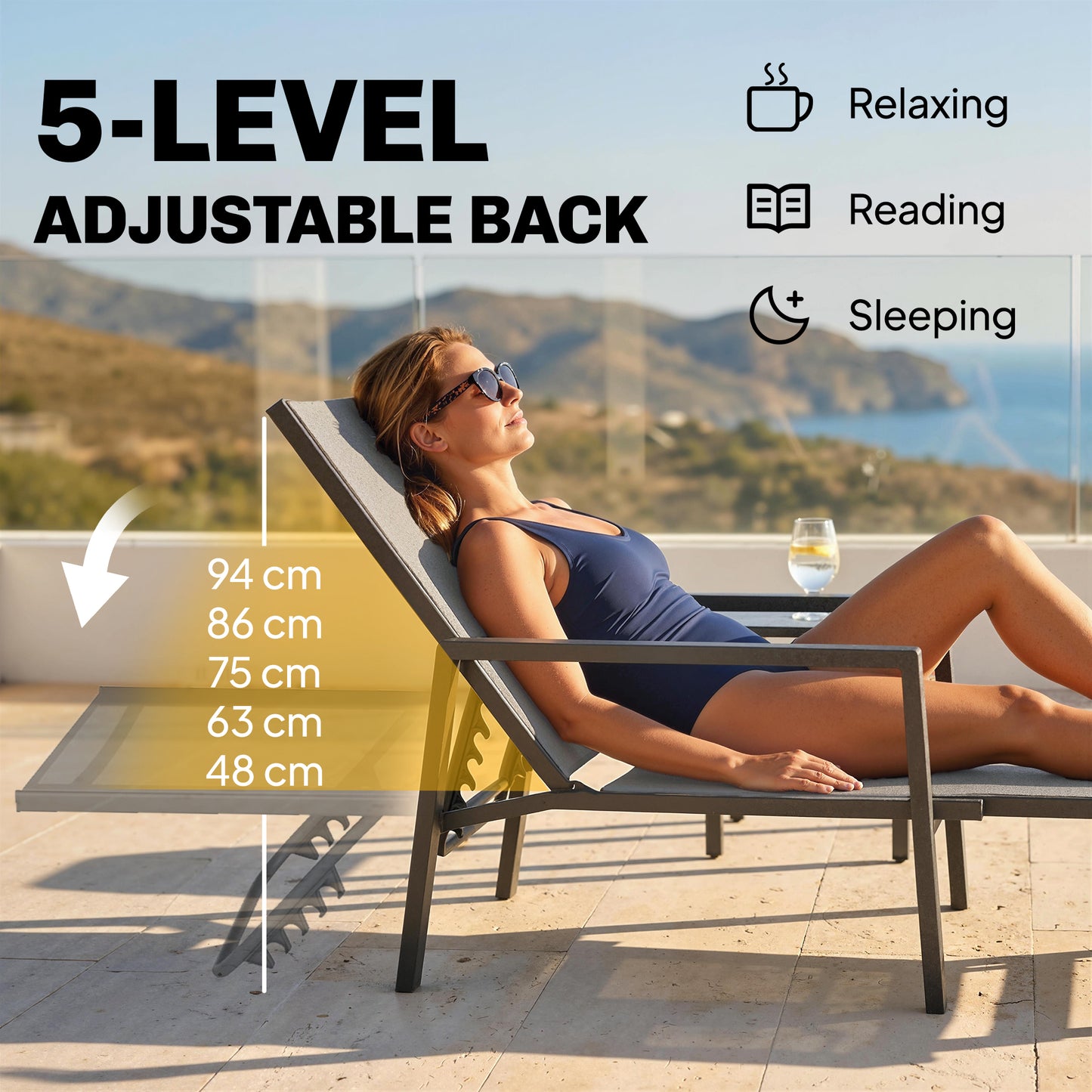Outsunny Sun Loungers Set Of 2 With Retractable Footrest And 5 Position Adjustable Steel Frame For Beach Patio Grey