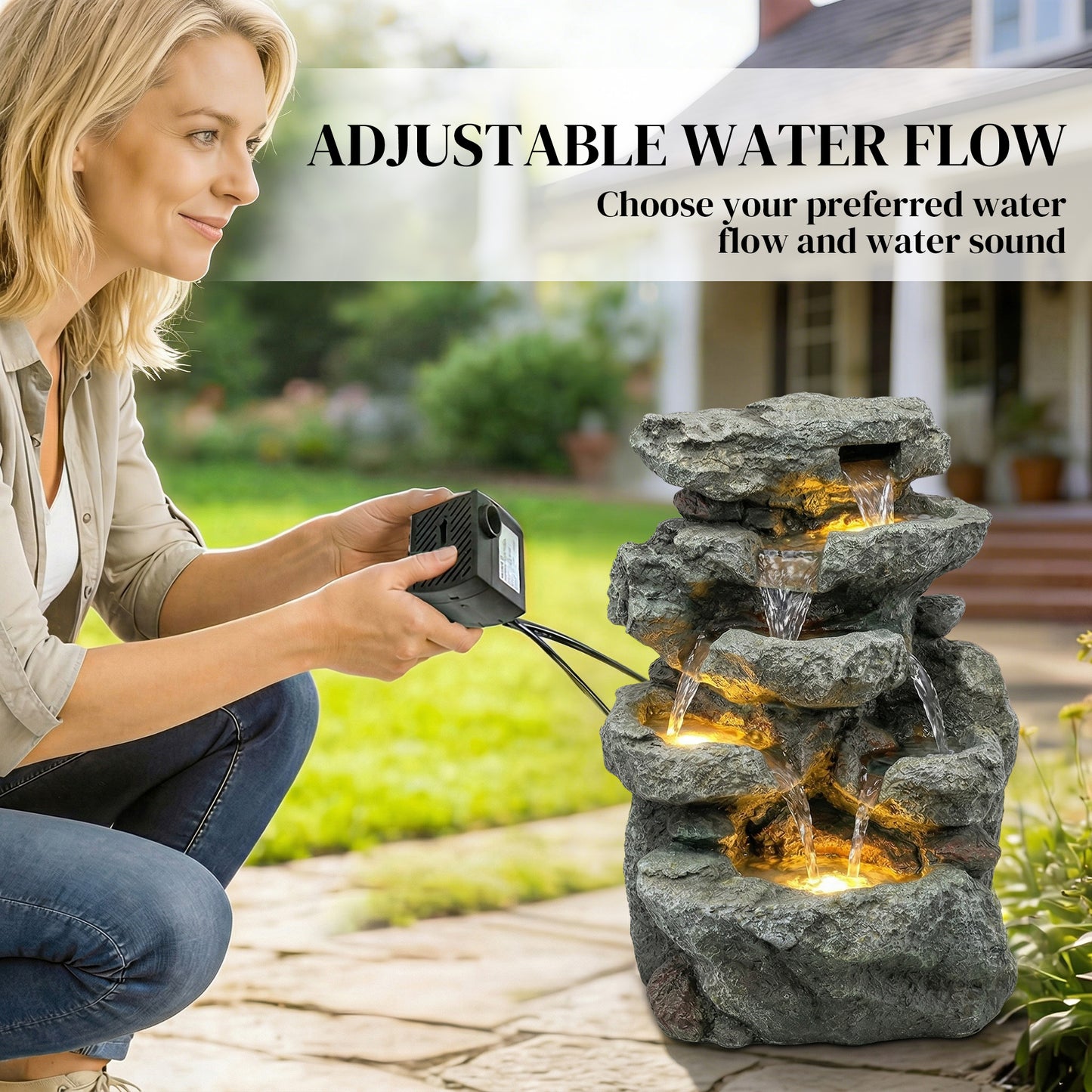 Outsunny Outdoor Fountain With 6 Tier Rock Design Waterfall Feature LED Lights Resin Freestanding Garden Fountain Grey