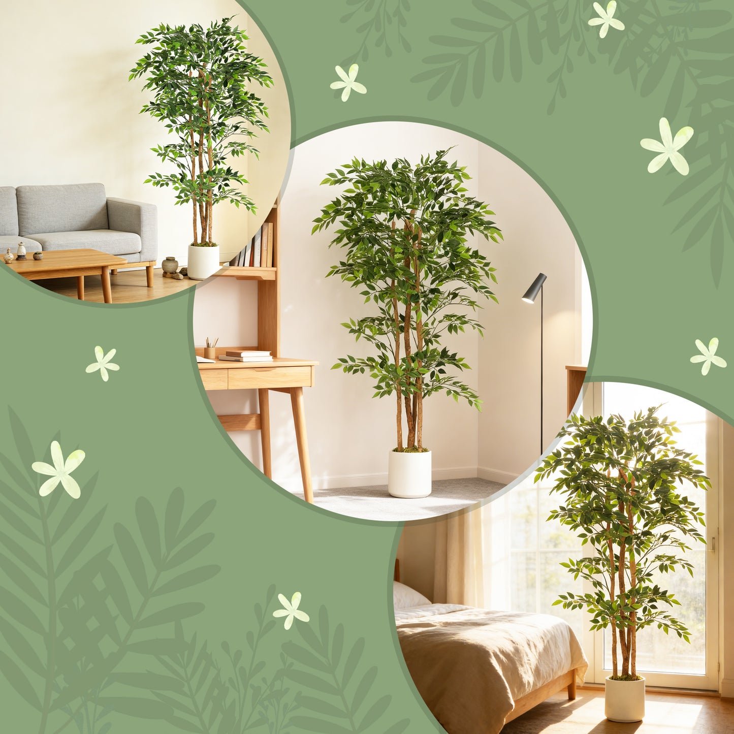 HOMCOM 180cm Artificial Ficus Tree With Solid Wood Trunk In White Pot For Indoor Decor Real Touch Leaves