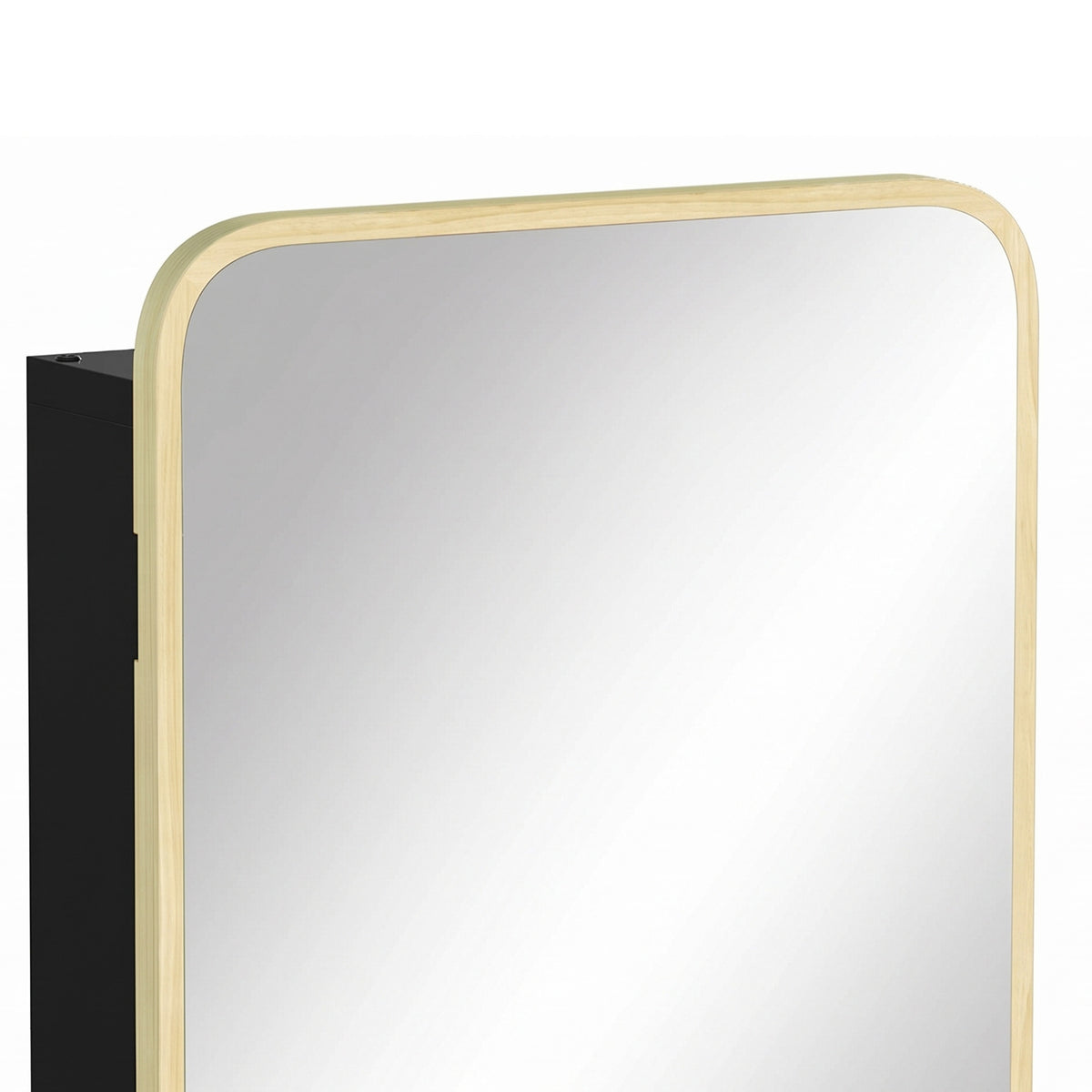 Close-up of natural wood framed cabinet mirror with rounded corners