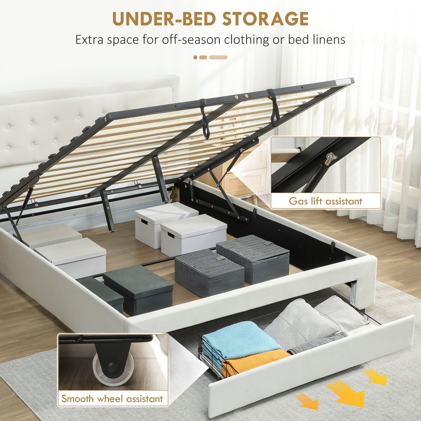 HOMCOM Double Ottoman Bed Frame With Front Drawer Storage Cream 140 x 193.5 cm Gas Lift Mechanism And Easy Lift