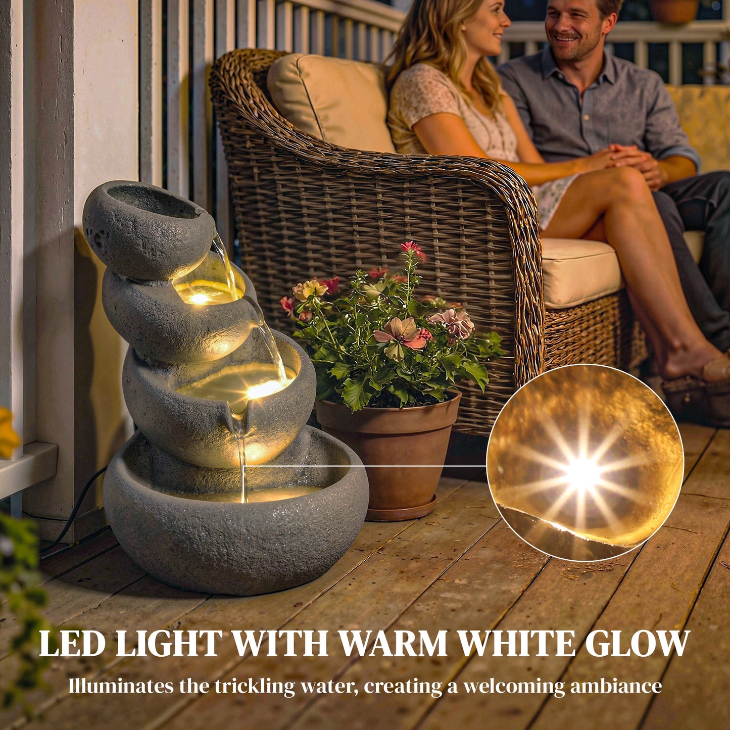 Outsunny 4 Tier Outdoor Water Fountain with LED Lights and Pump Freestanding Resin Waterfall for Patio