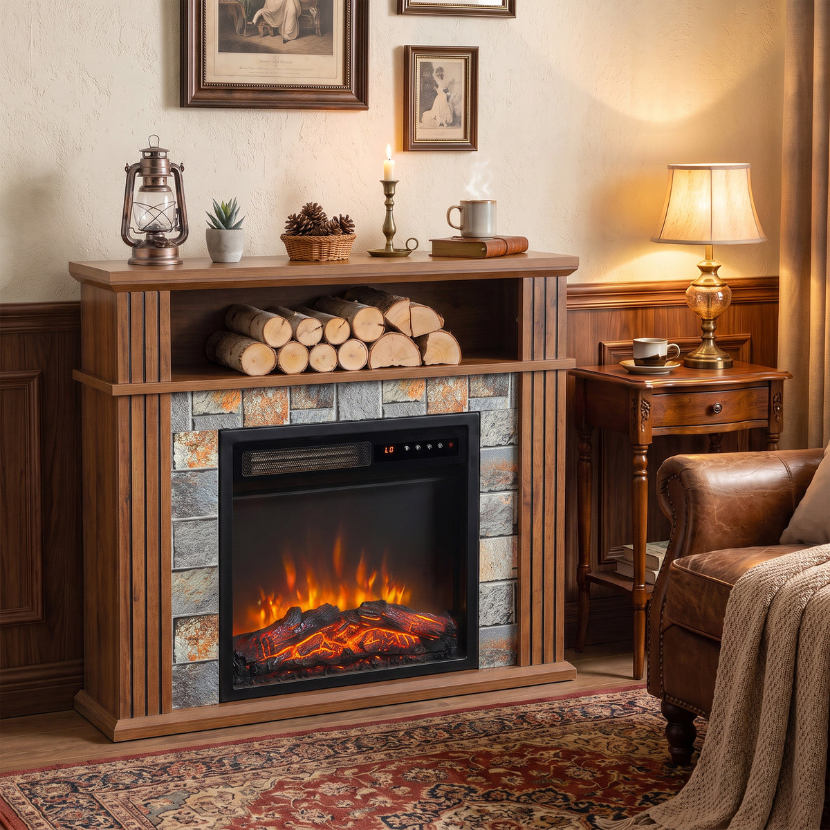 Grey electric fireplace TV stand with mantel shelf and visible log storage behind firebox