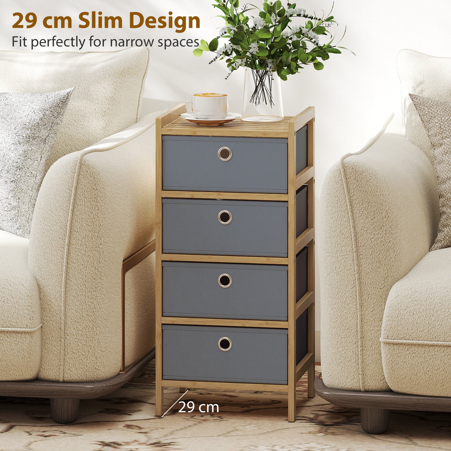 HOMCOM Chest of Drawers Narrow Dresser With Four Fabric Drawers and Bamboo Frame in Light Grey