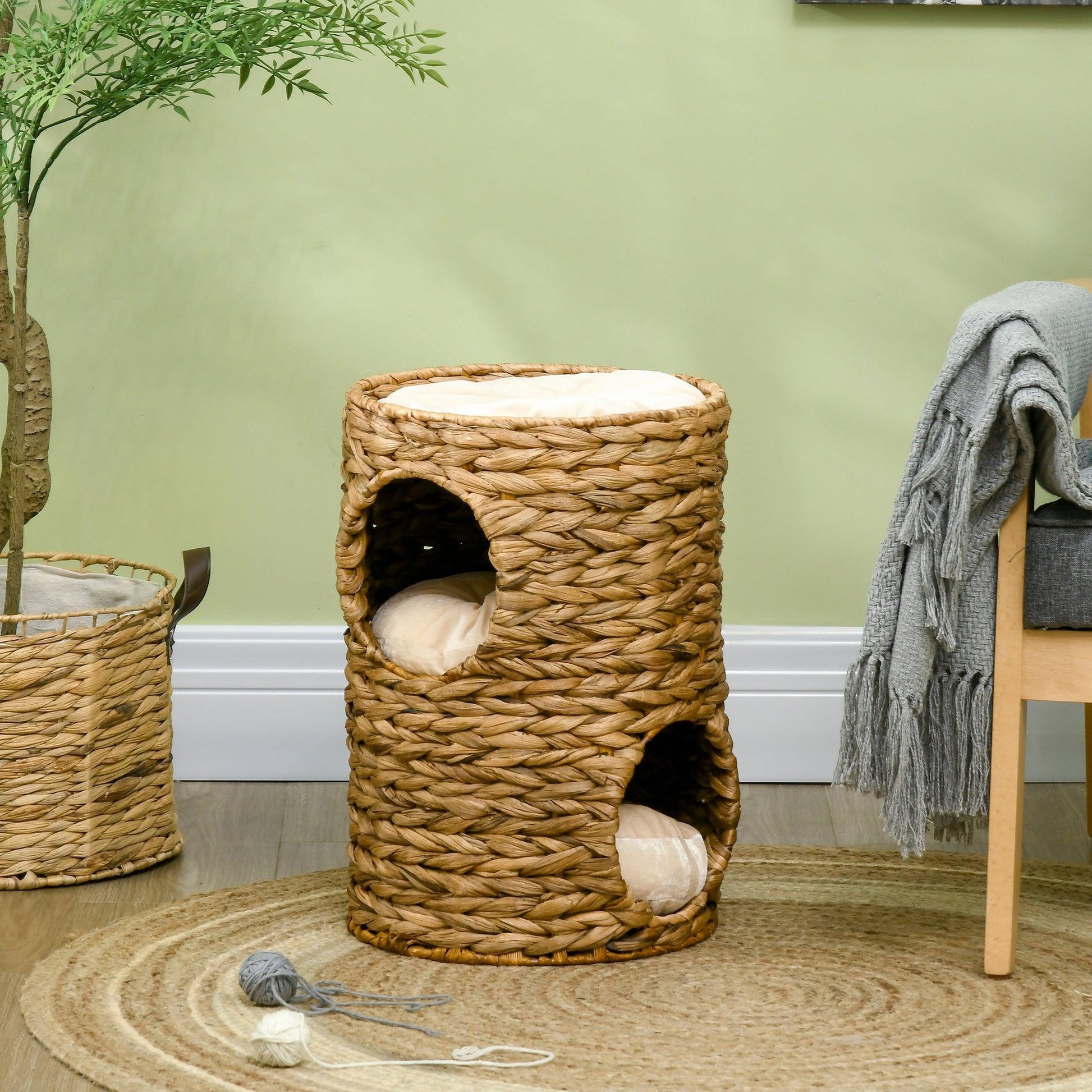PawHut 47cm Cat Barrel Tree for Indoor Cats w/ Two Cat Houses, Cushion - ALL4U RETAILER LTD