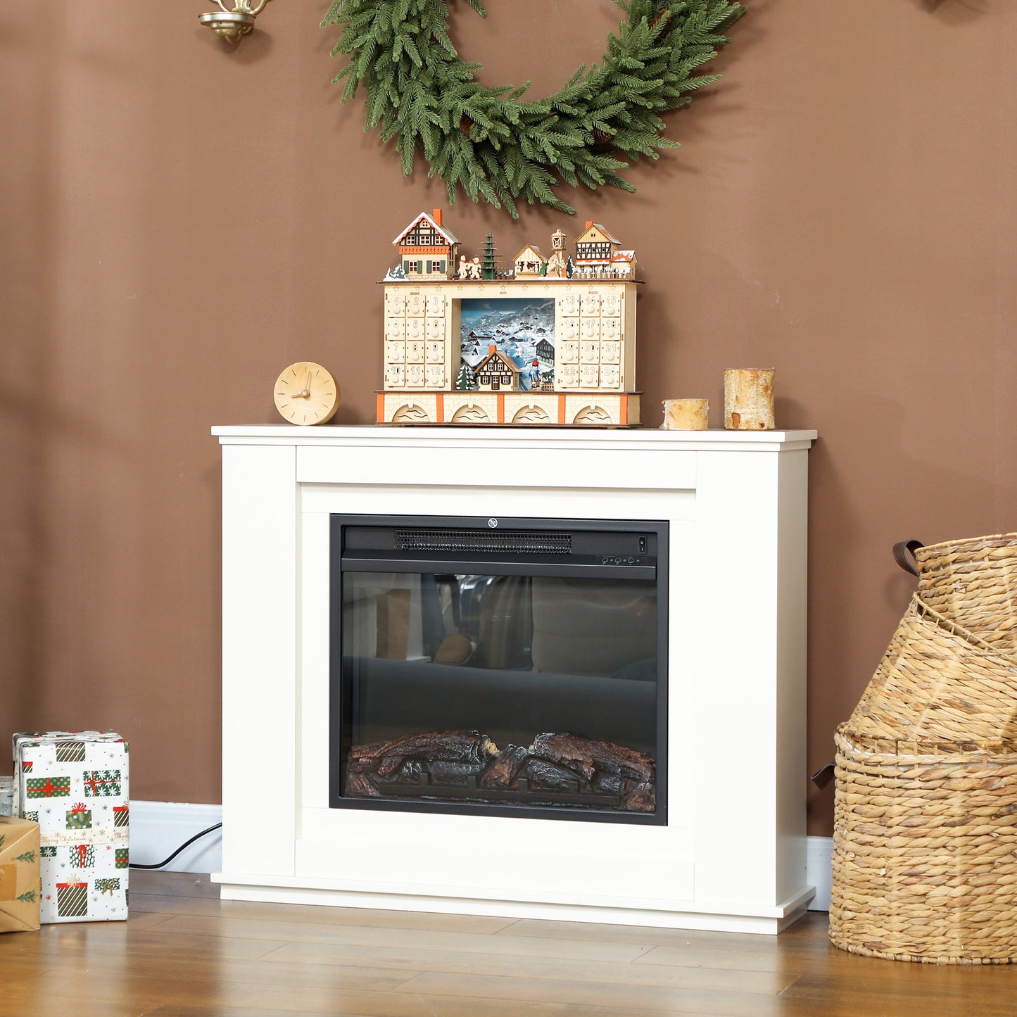 HOMCOM 2000W White Faux Flame Electric Fireplace 6824 BTU Heat With Adjustable Thermostat For Rooms Up To 30 Sq M