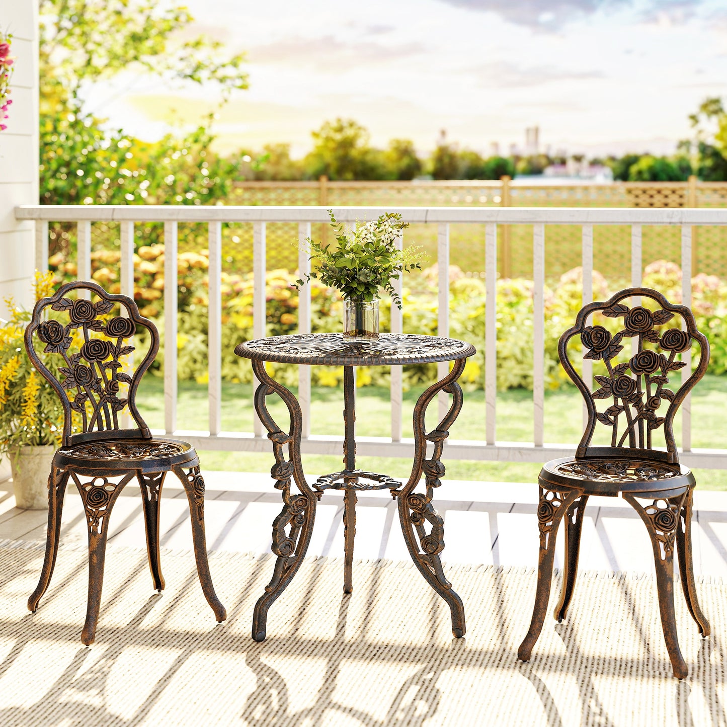 Outsunny Outdoor Patio Bistro Set Vintage Rose Design Round Table With 2 Chairs Umbrella Hole Metallic Finish