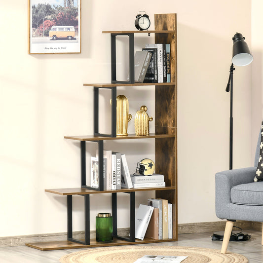 HOMCOM 5 Tier Bookcase Wooden Ladder Bookshelf Display Stand Rustic Brown For Home Office Living Room
