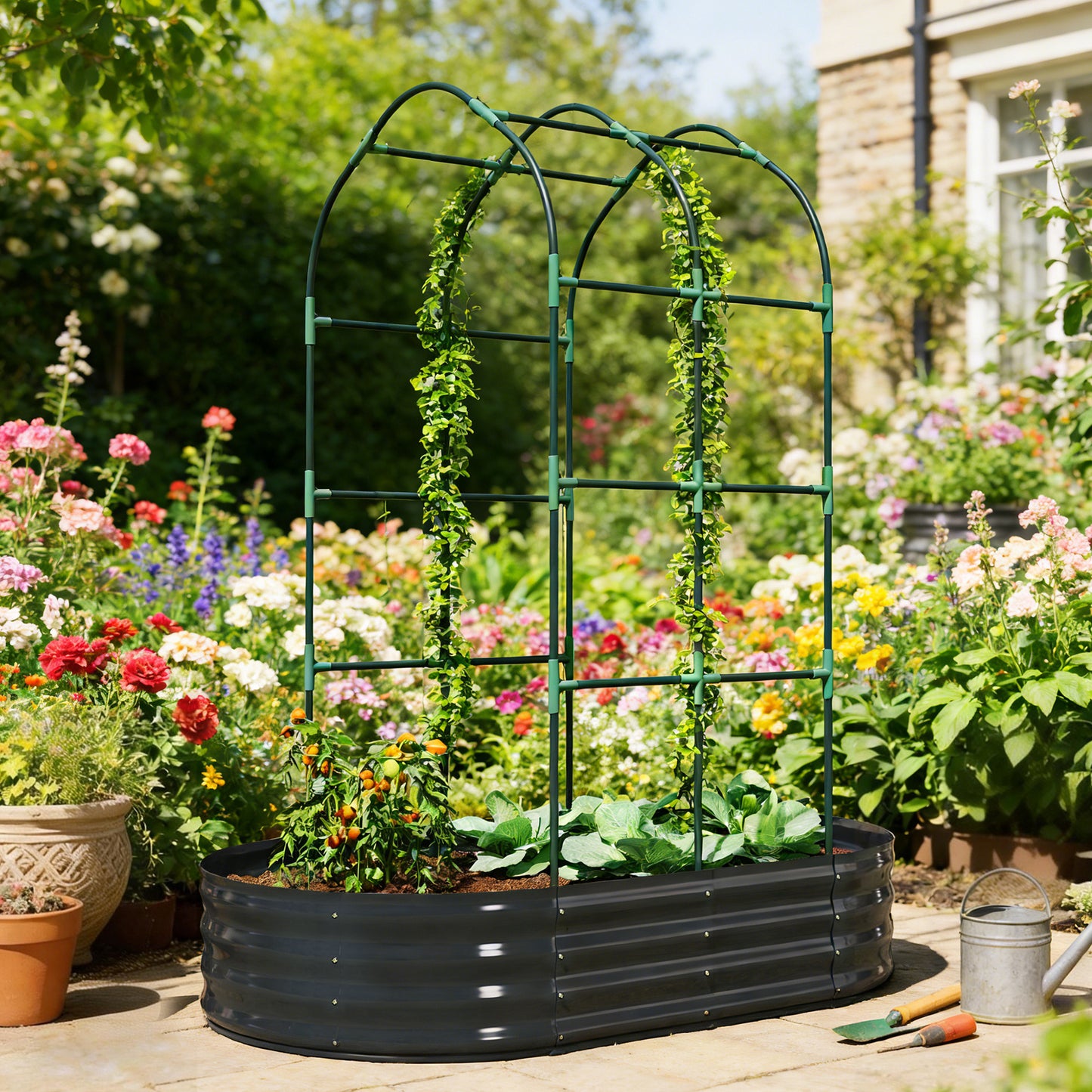 Outsunny Galvanised Raised Garden Bed With Arched Trellis 5 x 3 x 6ft Open Bottom Dark Grey
