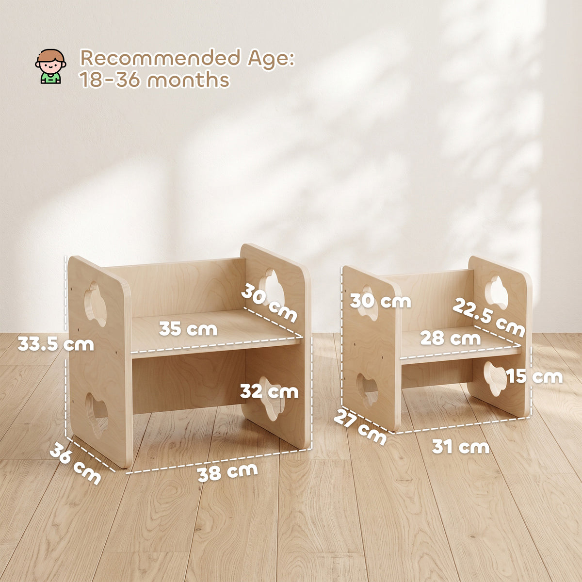 Toddler table and chair set showing height options and labeled measurements, light wood