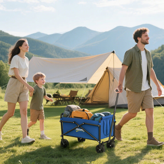 Outsunny 41L Festival Trolley On Wheels 60Kg Heavy Duty Collapsible Wagon With Adjustable Handle And Carry Bag Blue