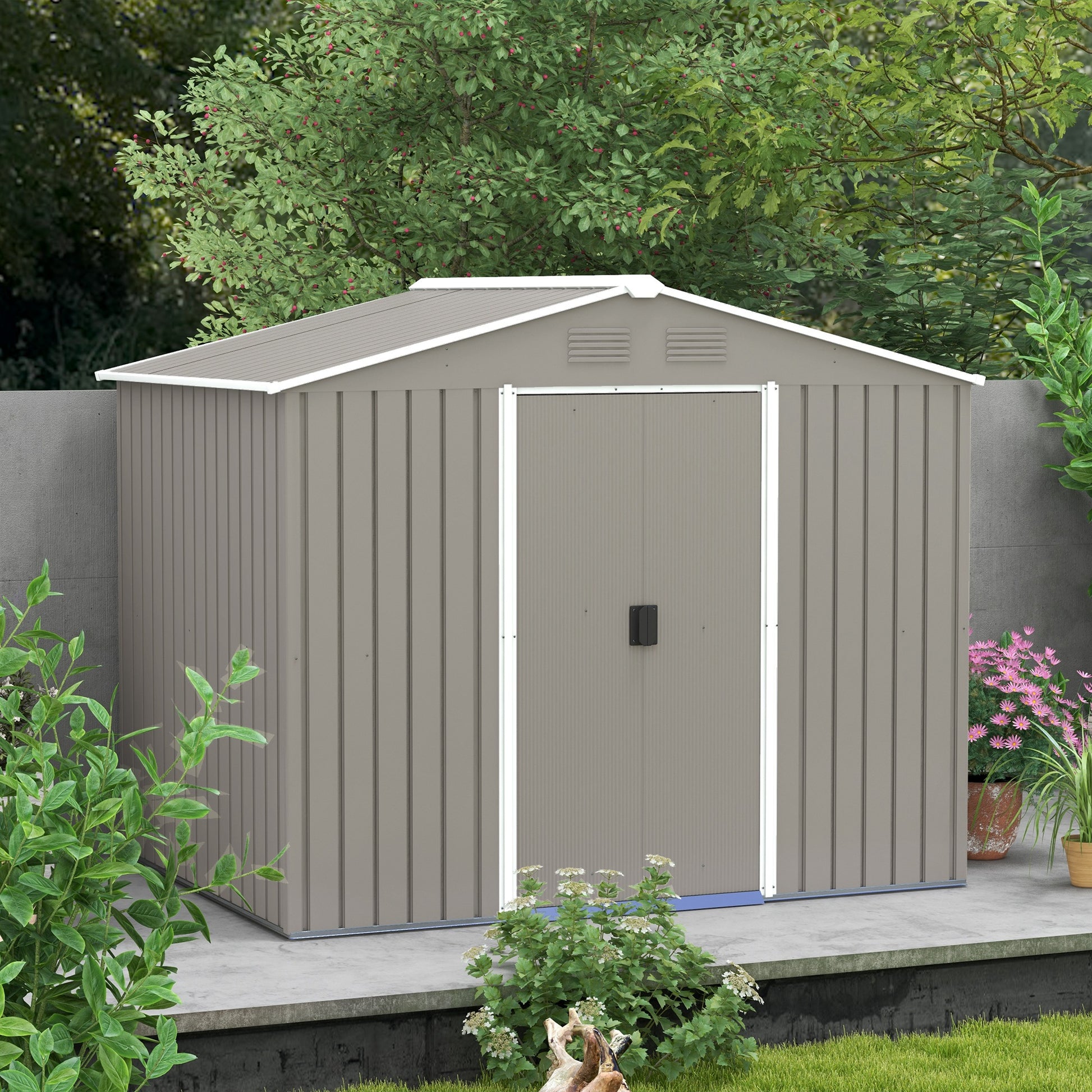 Outsunny Outdoor Metal Garden Storage Shed with Double Sliding Doors and Ventilation - Light Grey, 8x6ft - ALL4U RETAILER LTD