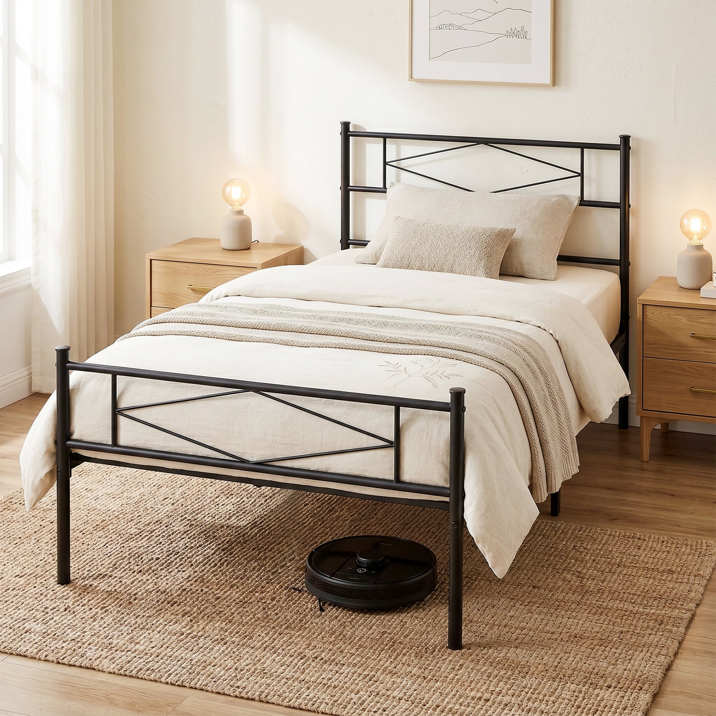 HOMCOM 3ft Single Bed Frame With Headboard And Footboard Metal Platform Bed Frame With 32 Cm Underbed Storage Black