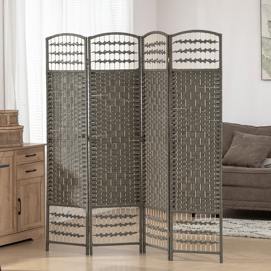 Dark grey 4-panel folding privacy screen with woven rattan look and pine wood frame