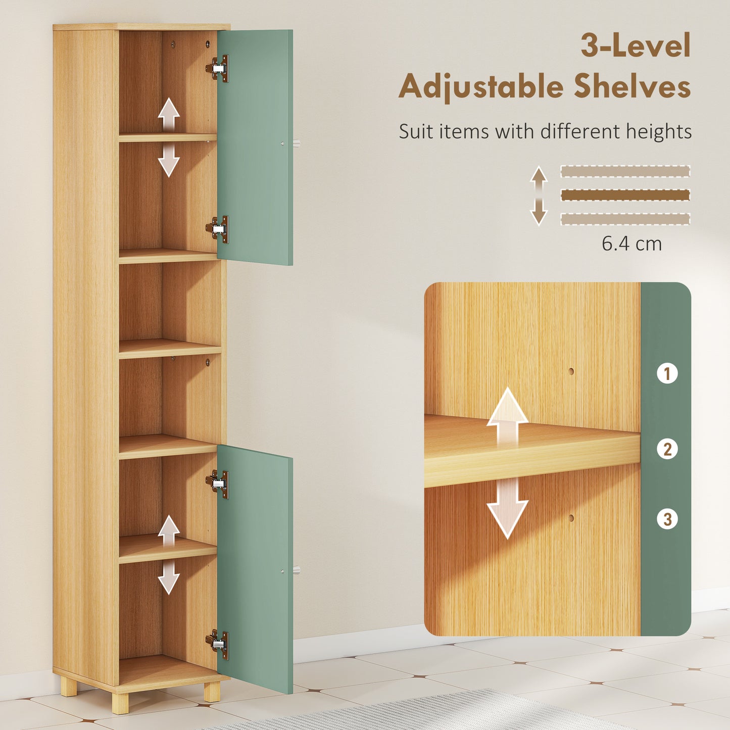 HOMCOM Tall Bathroom Cabinet With Adjustable Shelves And Open Shelves In Green Color