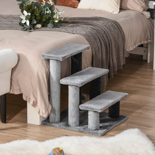 PawHut Grey 3-Step Cat Stairs with Scratch Posts, Play Platform, and Toy Ball - ALL4U RETAILER LTD