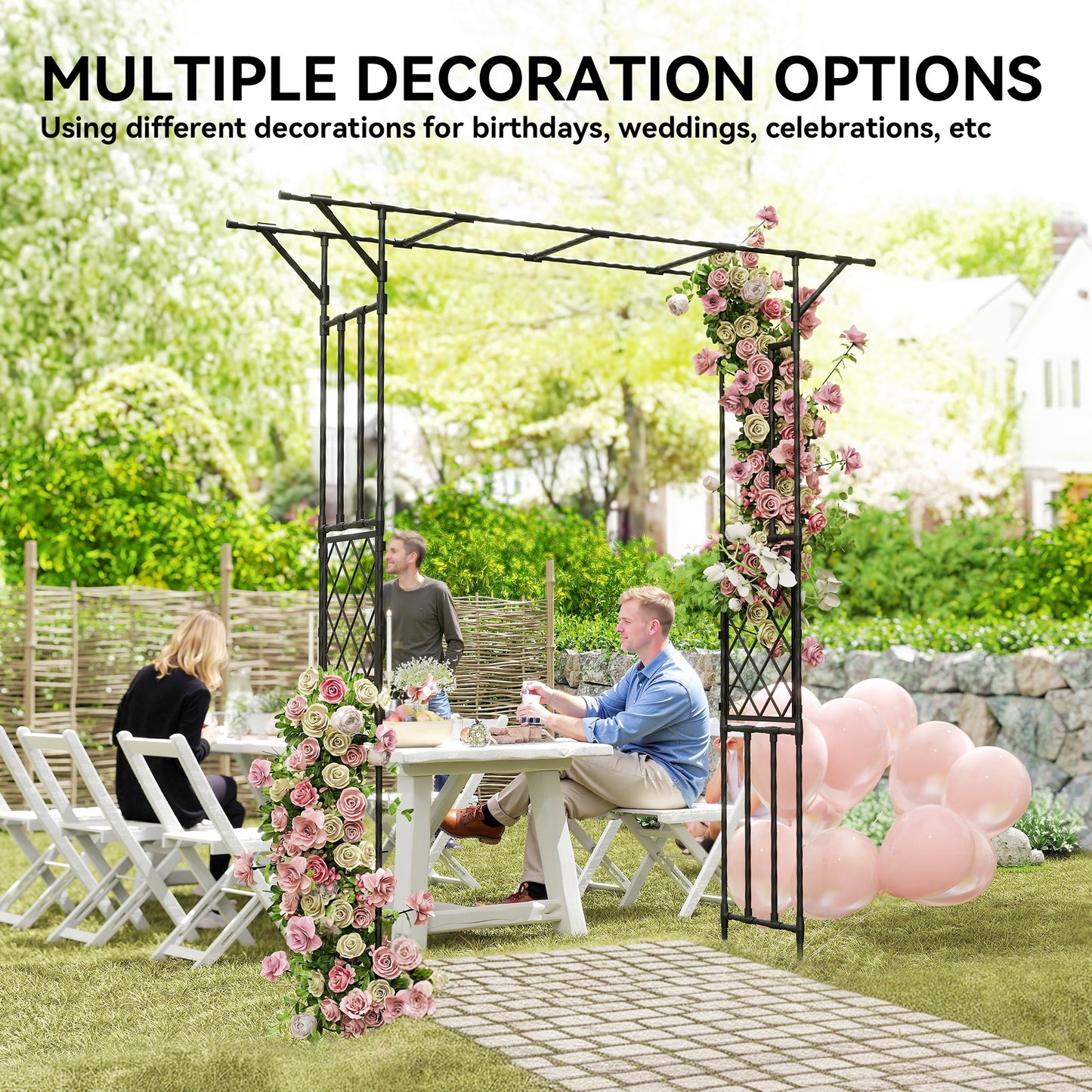 Outsunny Garden Arch With Trellis For Climbing Plants PE Coated Steel Arbour Black 180 x 40 x 215 cm