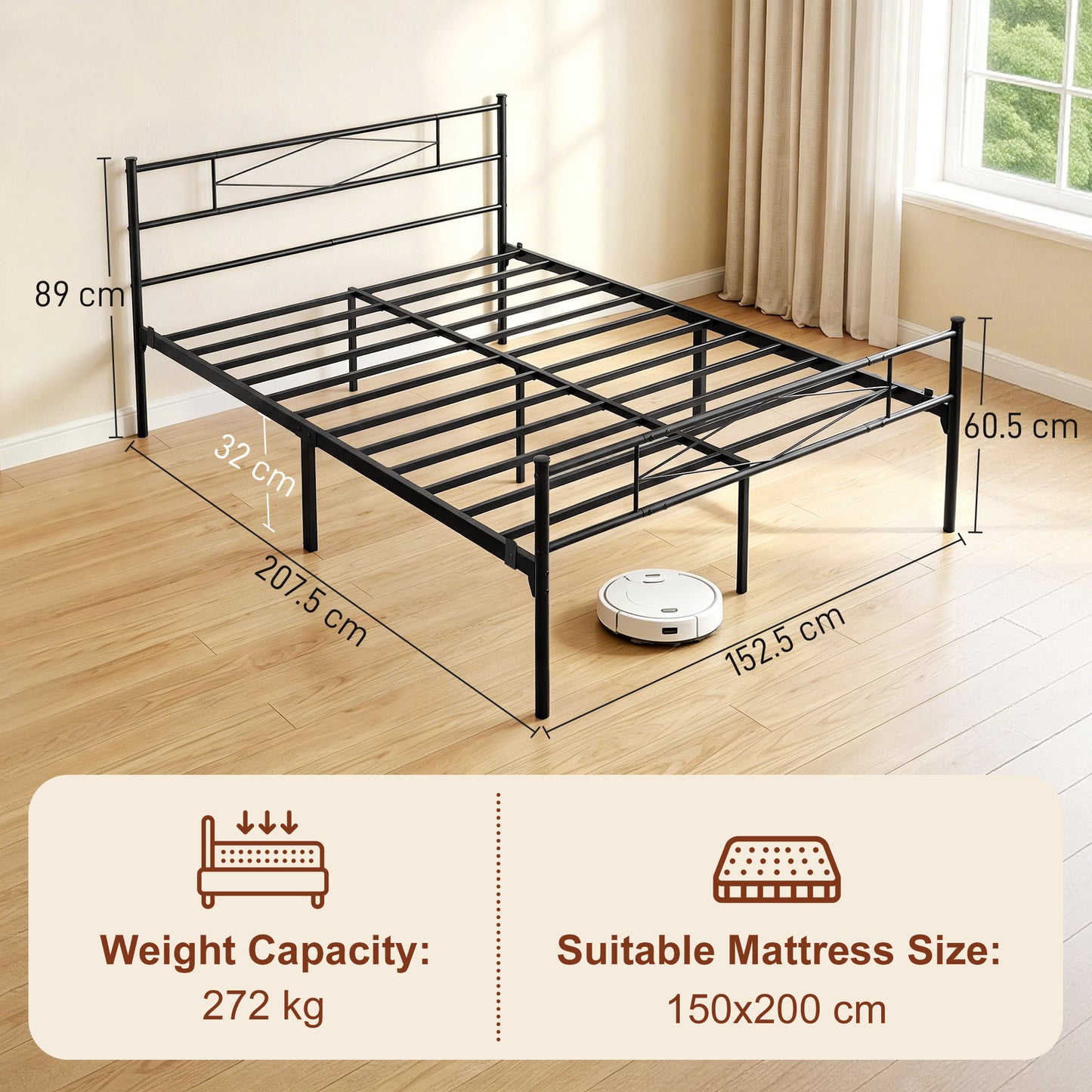 HOMCOM 5ft King Bed Frame with Headboard and Footboard, Metal Platform Bed with 32 cm Underbed Storage, Black