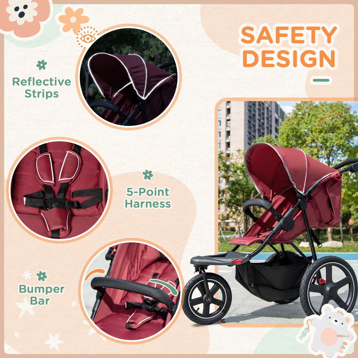 HOMCOM Compact Tri-Wheel Baby Stroller with Adjustable Canopy and Storage Basket, Lightweight Design, Red - ALL4U RETAILER LTD