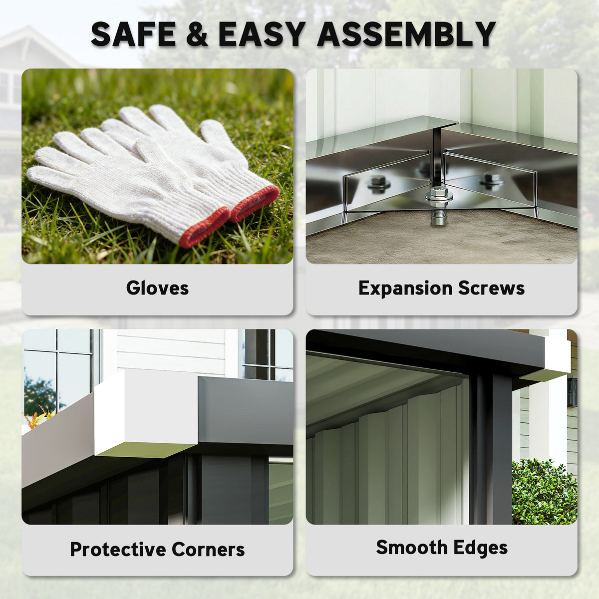 Robot mower garage assembly kit: gloves, screws, protective corners, smooth edges