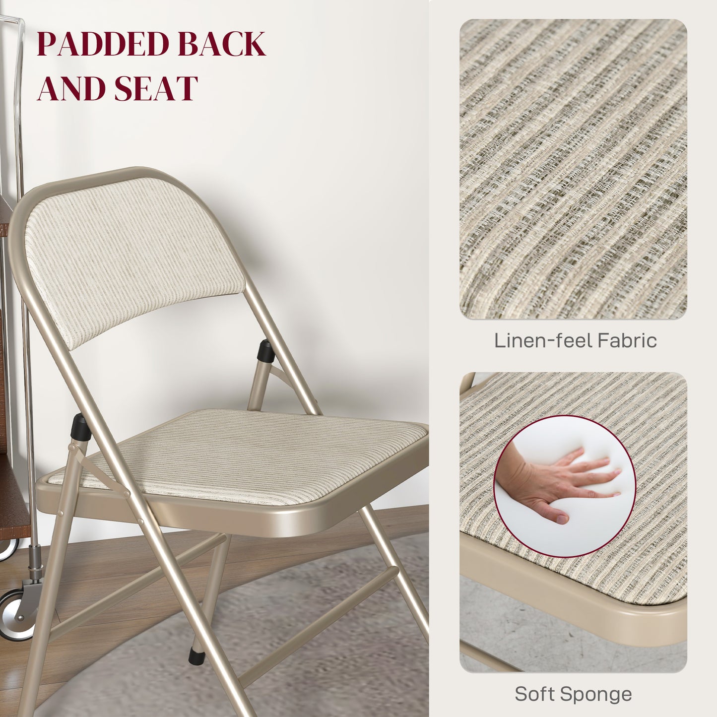 HOMCOM Linen-Look Set of Four Cushioned Folding Chairs Beige for Instant Seating Comfort