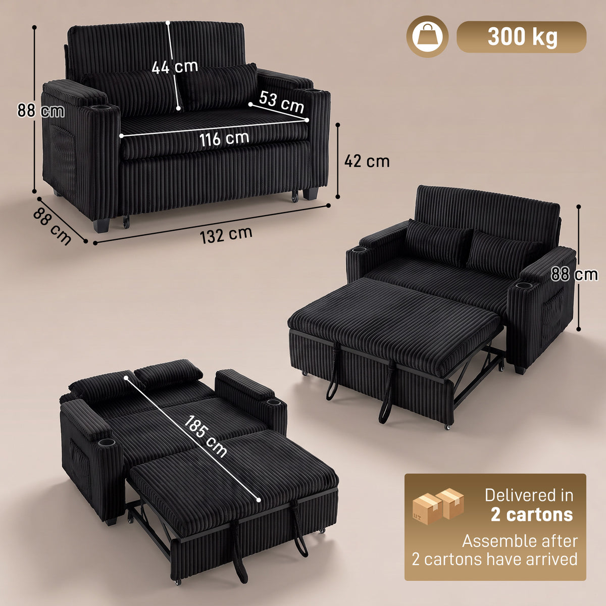 Homcom 2 Seater Sofa Bed Pull Out Couch With Storage Armrests