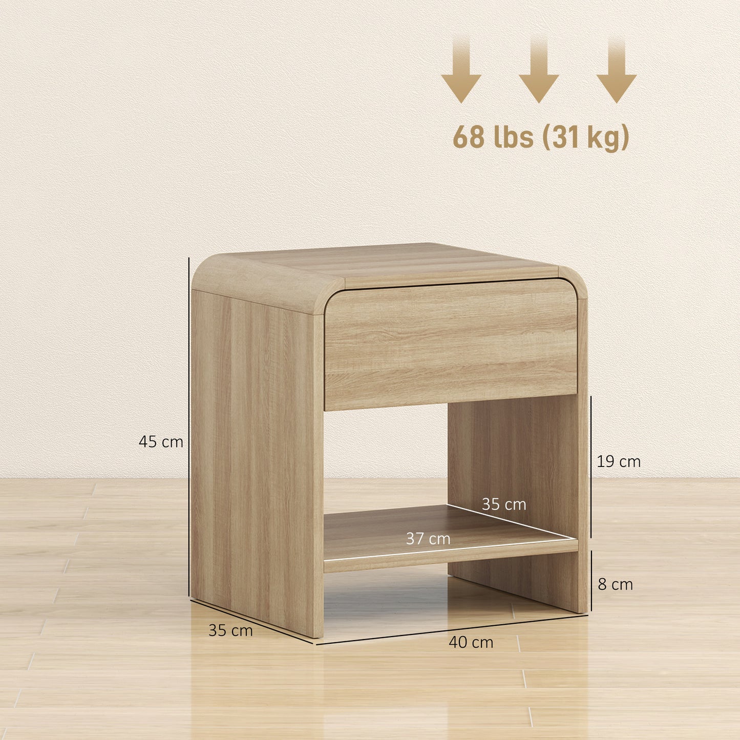 HOMCOM Bedside Tables Set Of 2 With Rounded Corners Modern Nightstands Silent Drawers For Bedroom Natural Finish