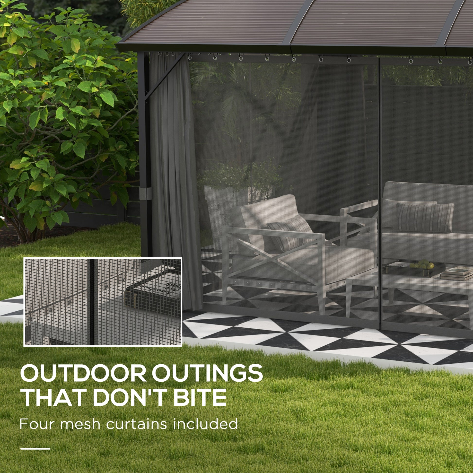 Outsunny Brown Aluminium Frame 4x3m Polycarbonate Garden Gazebo with Curtains and Insect Netting - ALL4U RETAILER LTD