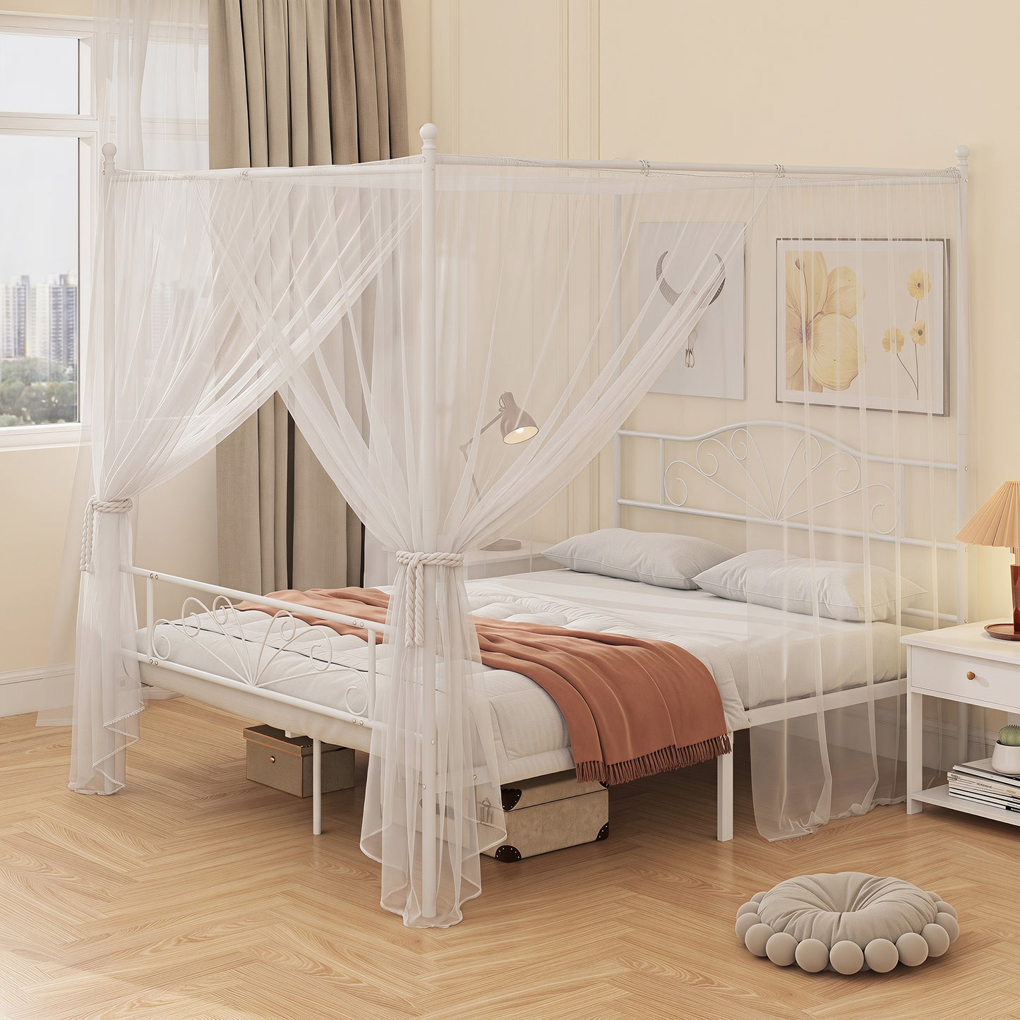 Homcom Double Canopy Bed Frame Metal Platform With Headboard And White