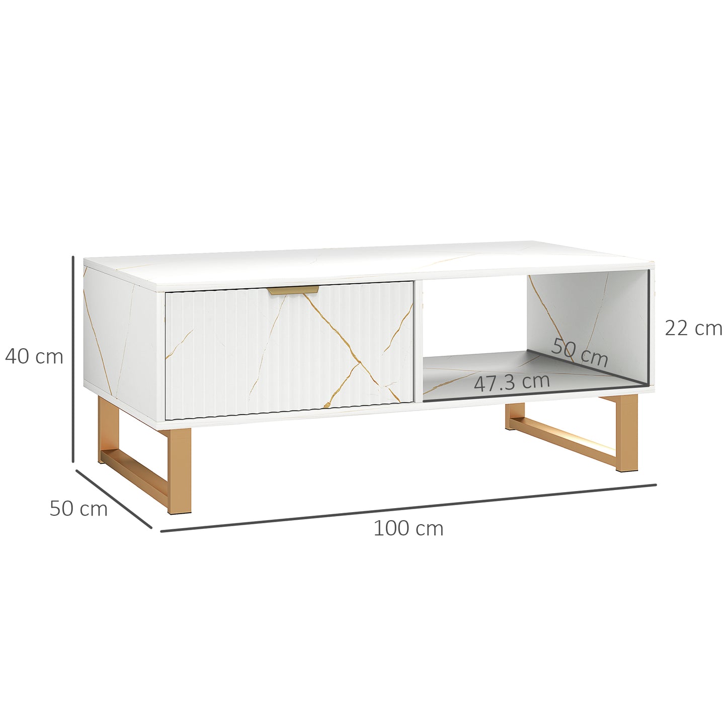 HOMCOM Marble Effect Storage Coffee Table White With Drawer And Shelves Steel Legs Modern Living Room