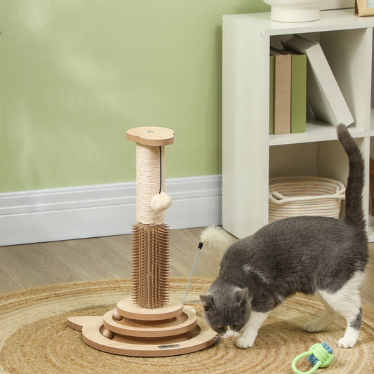 PawHut 5-in-1 Multi-Functional Cat Scratching Post with Grooming Brush and Play Features - Oak Design