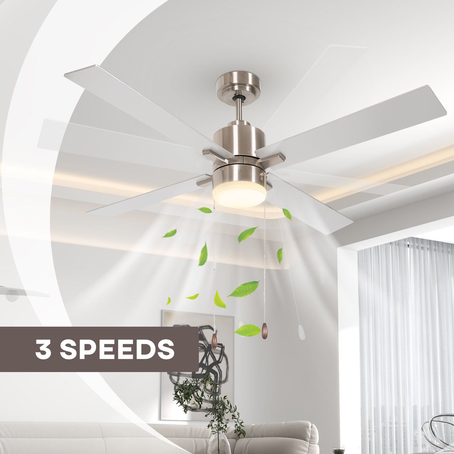 HOMCOM Silver & Natural Tone Ceiling Fan with LED Light and Reversible Blades, Pull-Chain Control - ALL4U RETAILER LTD