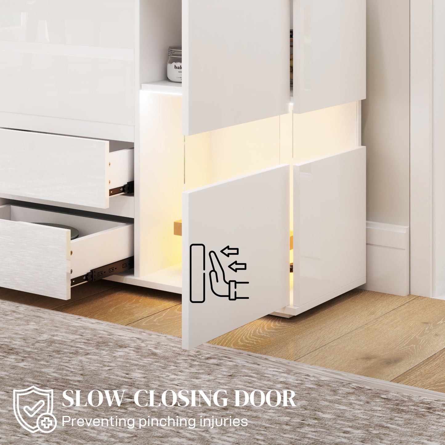 HOMCOM LED Light Sideboard High Gloss White With Four Drawers Two Side Cupboards Remote Control Color Changing Lighting