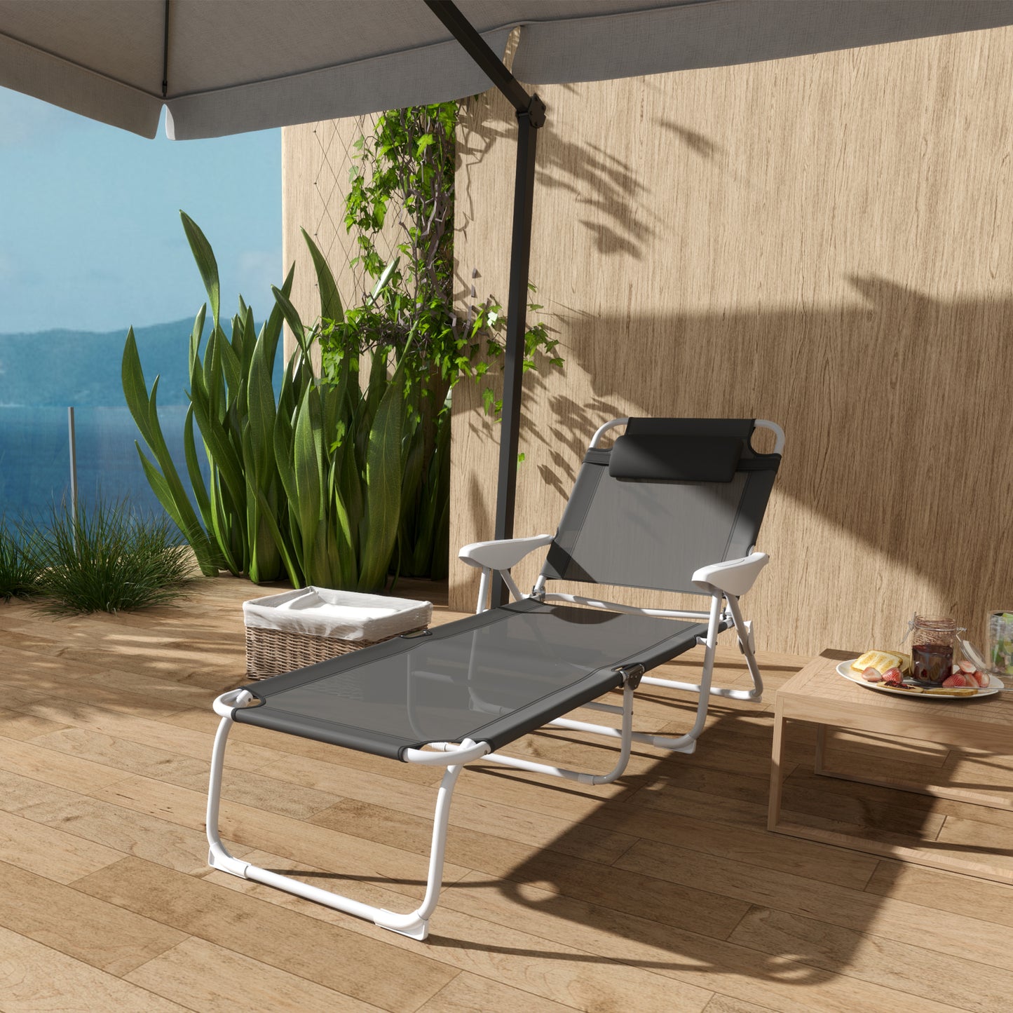 Outsunny Foldable Lounge Chair With 4 Level Adjustable Backrest And Headrest Charcoal Grey Outdoor Lounger