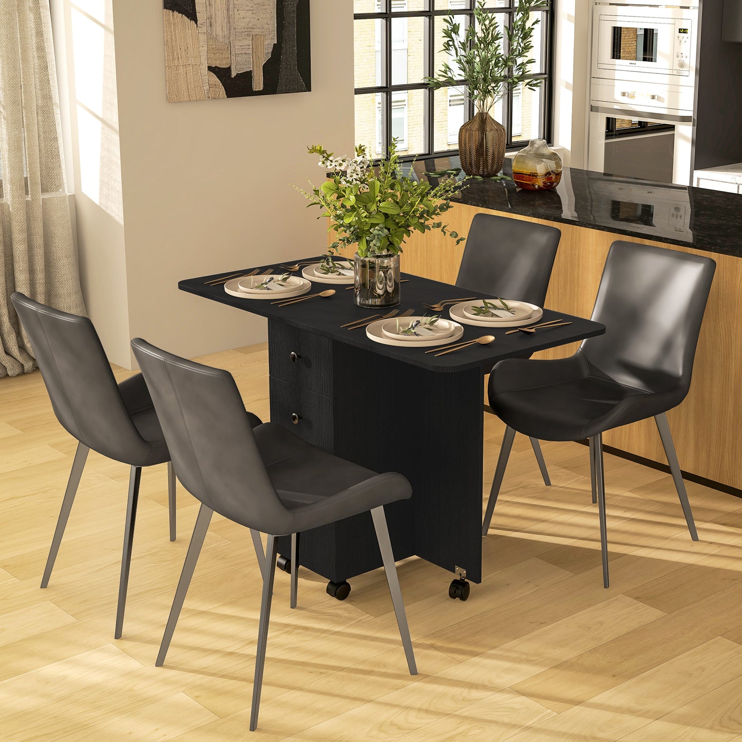HOMCOM Multi Storage Six Person Drop Leaf Dining Table Distressed Black With Lift Up Tabletops And Built Storage Drawers