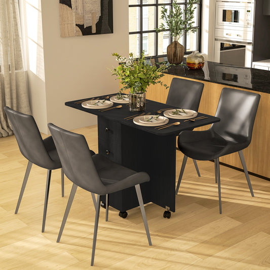HOMCOM Multi Storage Six Person Drop Leaf Dining Table Distressed Black With Lift Up Tabletops And Built Storage Drawers