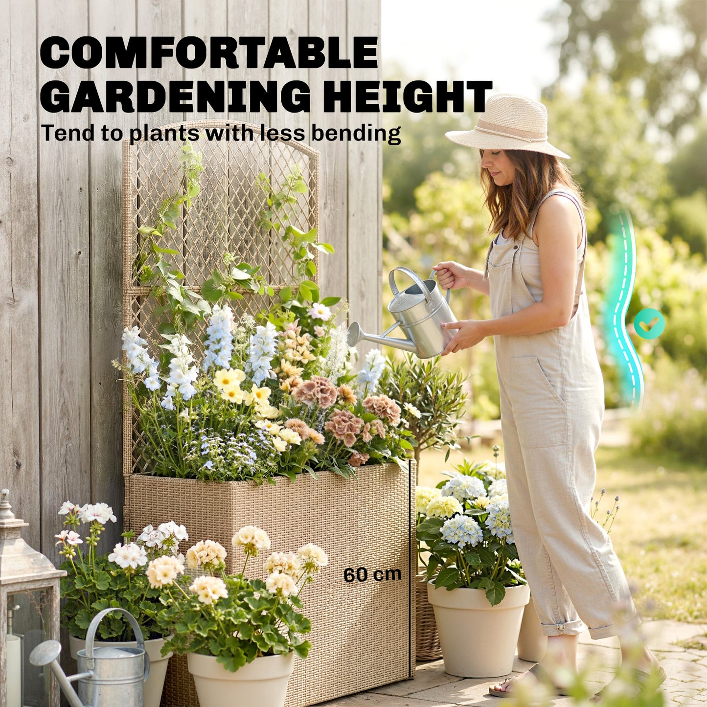 Outsunny Rattan Planter With Trellis Raised Bed For Garden With Liner Climbing Plants Vegetables Flowers Light Grey