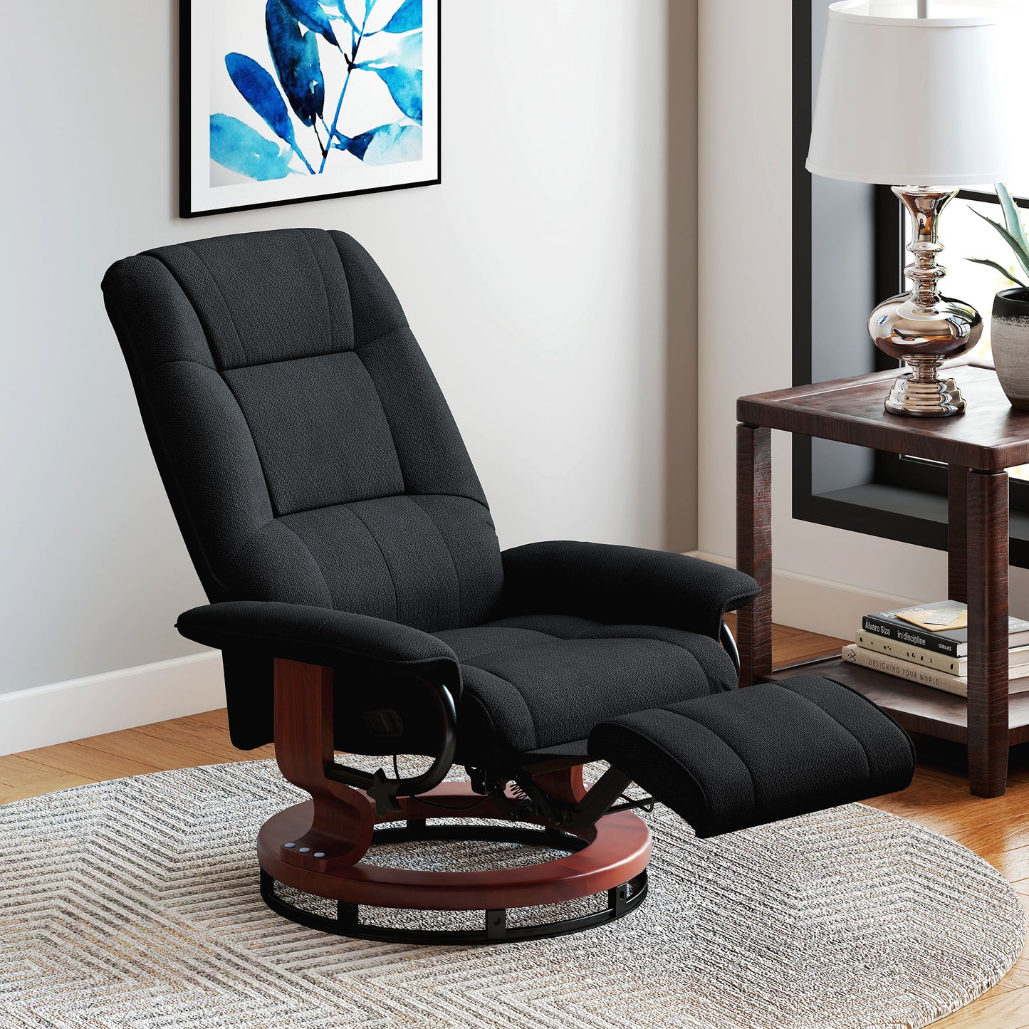 HOMCOM Reclining Swivel Chair With Manual Footrest Black Padded Armchair For Living Room