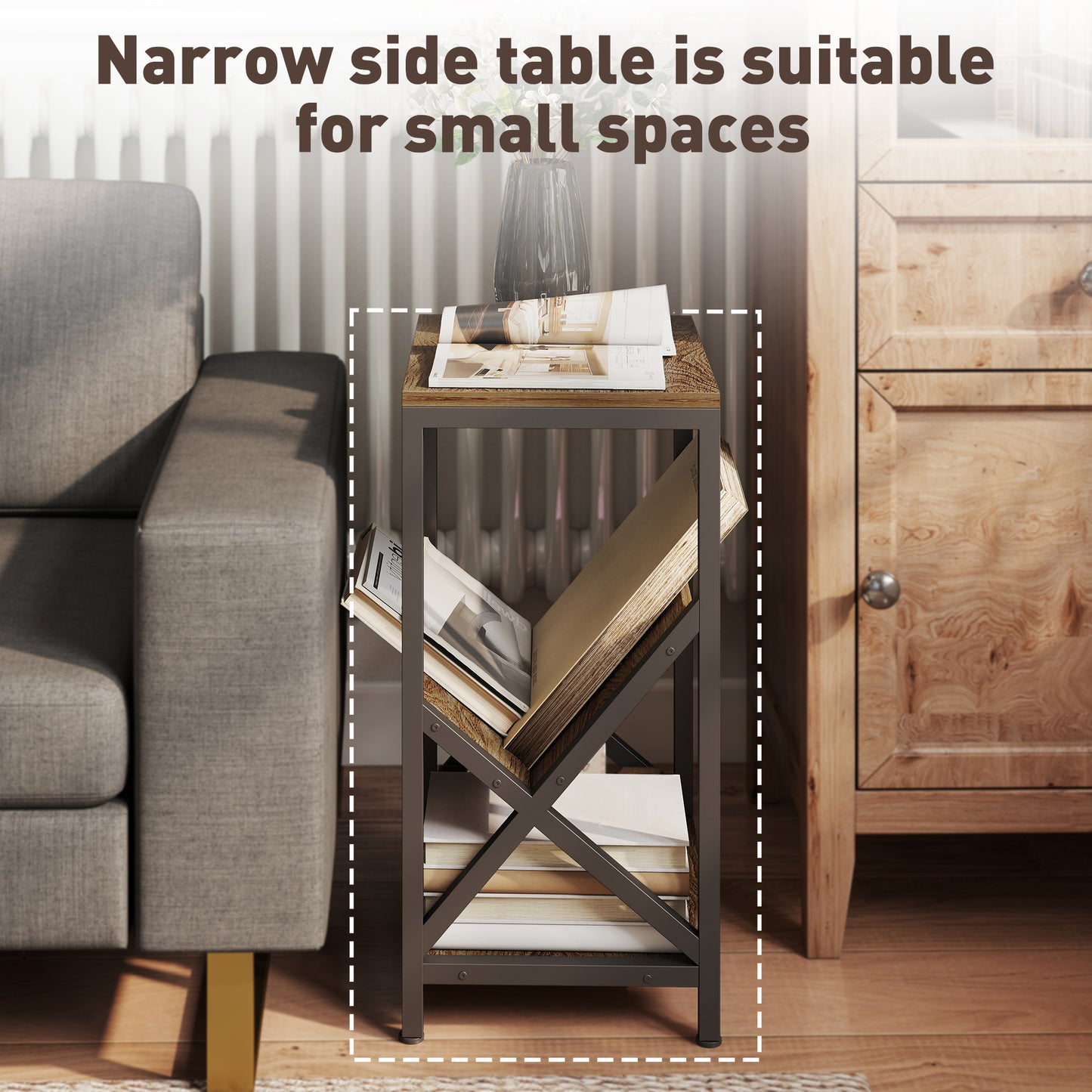 HOMCOM Narrow Side Table With 3 Tier Storage V Shaped Magazine Holder Oak Wood Effect Finish And Black Steel Frame