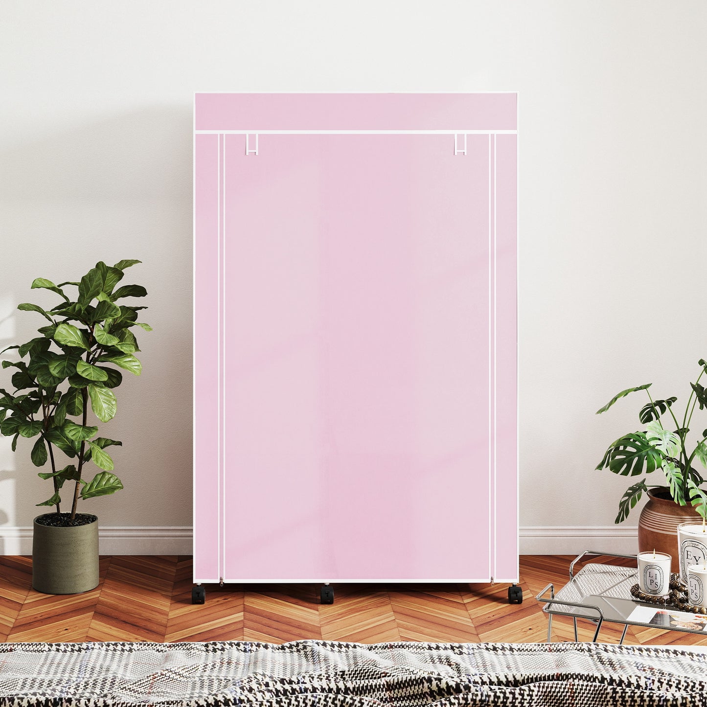 HOMCOM Fabric Wardrobe With Shelves And Hanging Rail Foldable Wardrobe Pink Portable Clothing Storage