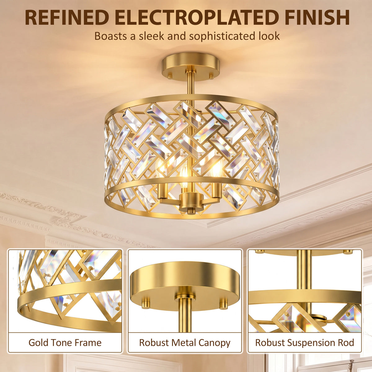 HOMCOM 3 Light Crystal Glass Ceiling Light with Gold Tone E14 Sockets