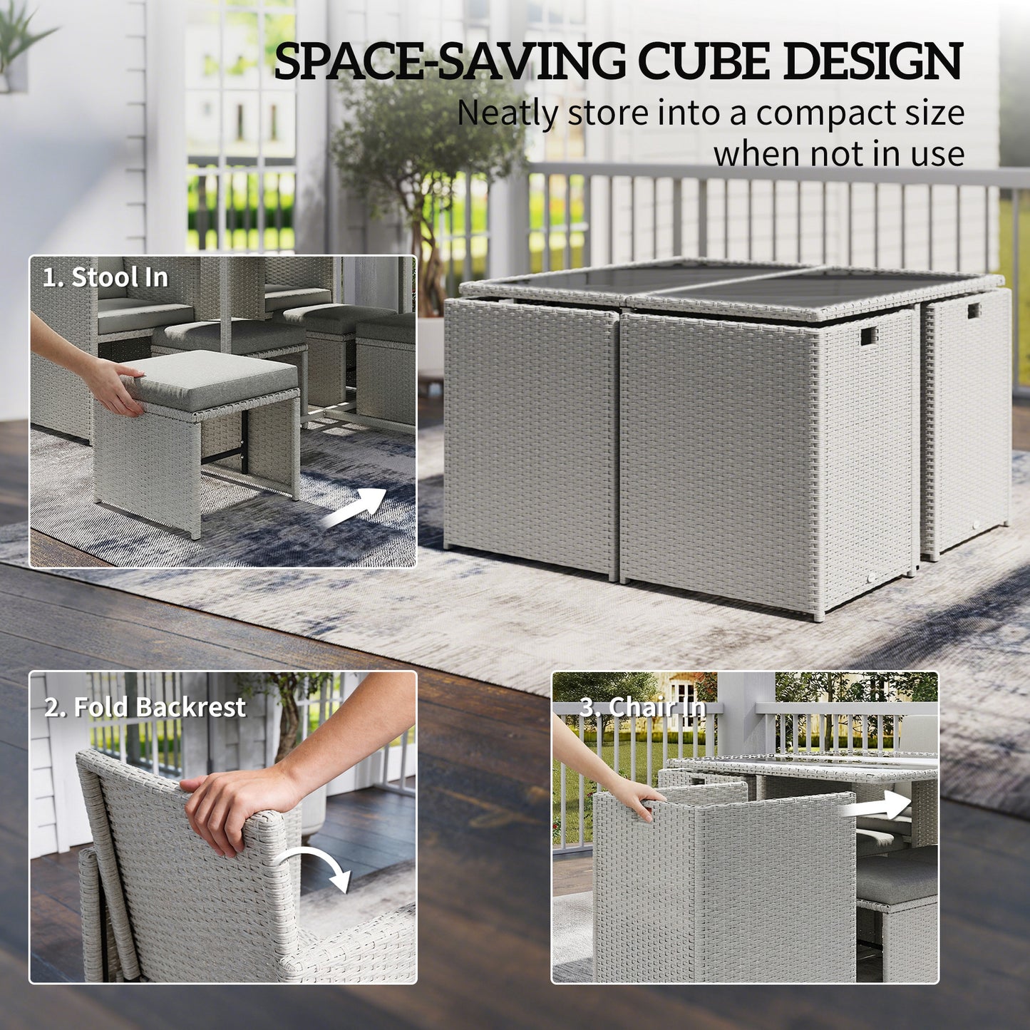 Outsunny 9 Piece Rattan Cube Garden Furniture Dining Set With Armchairs, Footstools And Glass Top Table In Light Grey