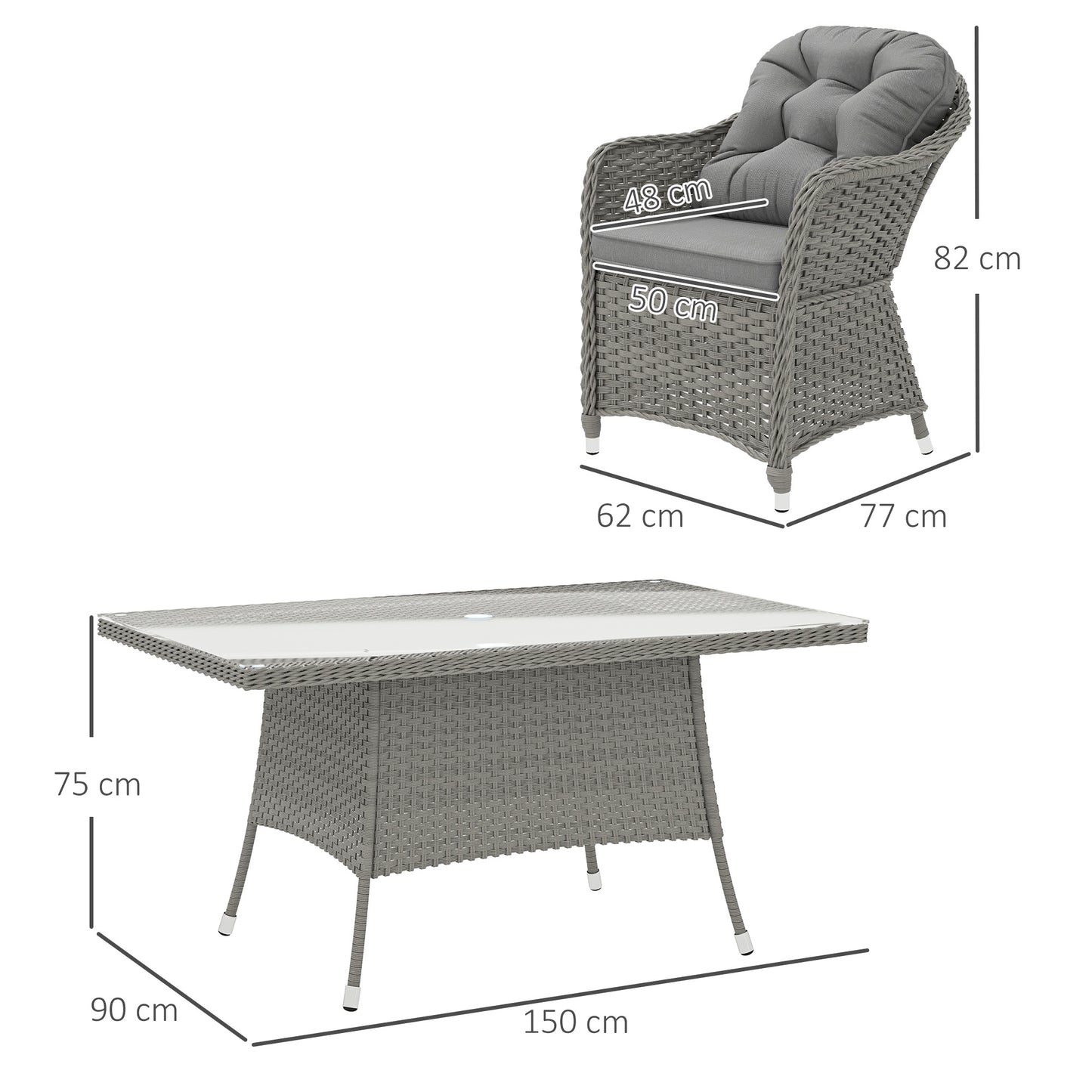 Outsunny Seven-Piece Rattan Dining Set With Six Chairs And Large Table In Light Grey